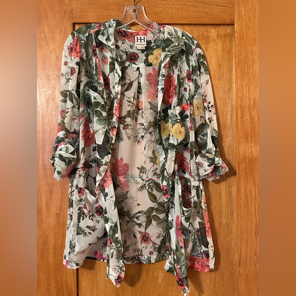 Haute Hippie Sheer Silk Floral Tunic, Rollup Sleeves Open Front Drawstring Waist - Picture 2 of 16